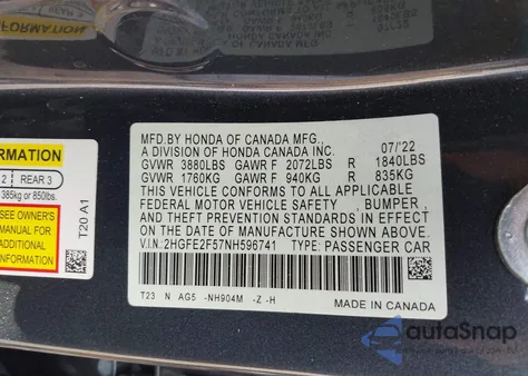 2022 Honda Civic Sport z USA, uszkodzony, nr VIN 2HGFE2F57NH596741